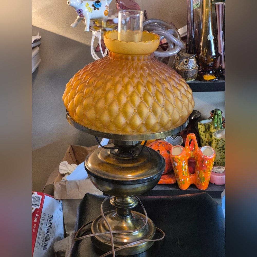 Vintage Satin Amber Glass Quilted Hurricane Lamp Set With Brass Tone Base